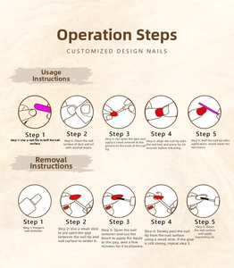 Guide showing 5 steps for applying and removing pink press-on nails with heart gems