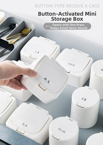 Detail view of mini desktop organizer with push-button lids for stationery and sundries