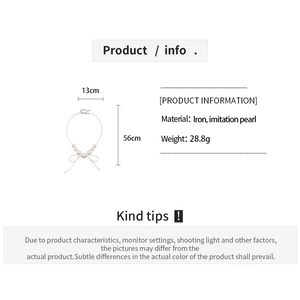 Detailed size chart for bow pearl necklace showing 13cm width and 56cm length specs