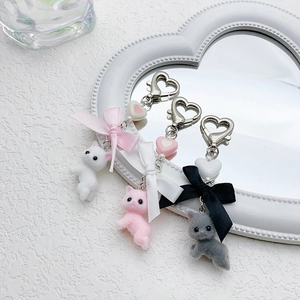 Cute Flocked Cat Keychain With Alloy Heart Buckle Bow Ribbon And Beaded Heart Charm For Bag Decoration Girly Style