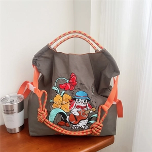 Sac fourre-tout gris foncé avec broderie lapin et poignées en corde orange