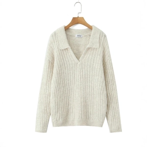 Loose-fit off-white knit sweater featuring a ribbed texture and deep V-neck polo collar