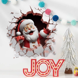 3D Christmas wall decal featuring Santa Claus emerging from a cracked white wall hole