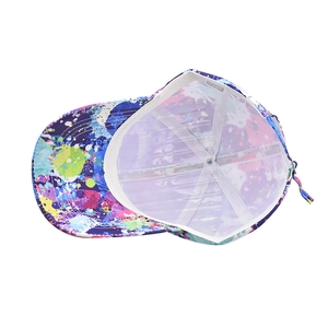 Internal view of colorful graffiti baseball cap showing 100% polyester mesh and strap