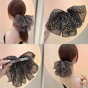 Leopard Print Bow Hair Clip Chiffon Mesh Layered Pleated Hair Barrettes Metal Spring Clip Korean Fashion Accessory