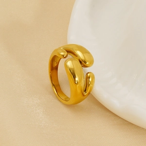 Irregular lava style golden titanium steel open ring with a glossy finish on satin