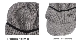 Detailed view of grey cable knit winter hat with warm fleece lining and metal logo