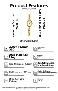 Détails de la montre vintage dorée à quartz avec boîtier 23,3mm et bracelet chaîne