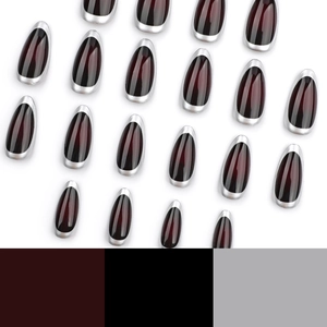 Unghie finte a mandorla corte rosso ciliegia con bordi metallici argentati