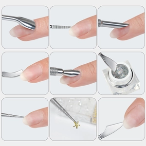 Detailed grid showing professional dual-head cuticle pusher and nail prep tool application
