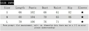 Detailed sizing chart showing length, bust, and waist measurements for women's two-piece set