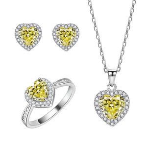 Elegant 925 silver jewelry set with 6mm yellow heart-shaped gems and diamond halo