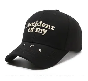 Close-up of black baseball cap with premium 3D embroidery and side logo detail