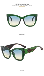 Cat eye sunglasses featuring green frames with leopard print temples and gradient lenses