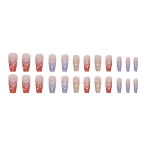 Gradient press-on nails with heart and star patterns in a 24-piece long coffin set
