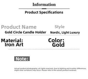 Detailed specifications for Nordic luxury golden iron candle holder with material and style