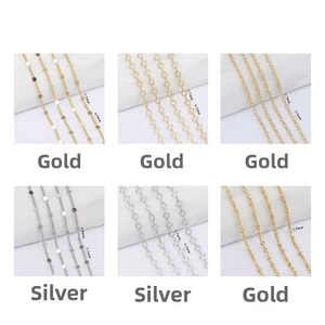 Detailed view of various gold and silver DIY jewelry chain links in multiple sizes