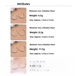 Size chart for geometric hoop earrings featuring pearl beads and iron frame details