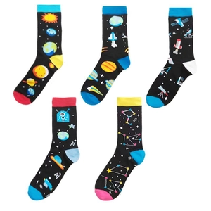 Five pairs of galaxy-themed crew socks with planets, rockets and stars patterns
