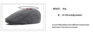 Tableau des tailles pour casquette plate ajustable homme, tour de tête 54-59cm détails