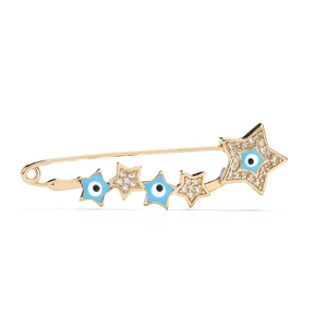 Detailed view of 18K gold star brooch with blue evil eye zircon and rhinestone accents
