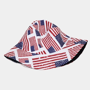 Detailed flat lay of American flag pattern bucket hat with vintage texture print