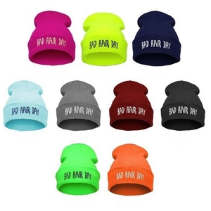 Bad Hair Day Beanie Hat Acrylic Knitted Warm Winter Cuffed Knit Cap Adult Unisex Hip Hop Casual Embroidery Solid Color
