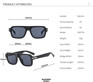 Vue détaillée de lunettes de soleil carrées noires avec dimensions et détails techniques