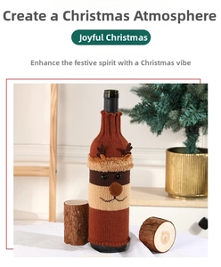 Detail view of a knitted reindeer wine bottle cover with 3D ears and red nose