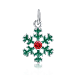 Grüner Emaille-Schneeflocken-Anhänger mit rotem Edelstein und Silberbasis für DIY-Schmuck