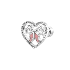 Silver heart stud earring with pink enamel butterfly design on a clean white background