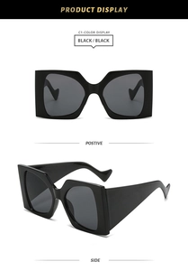 Vorder- und Seitenansicht der stilvollen quadratischen schwarzen Oversize-Sonnenbrille