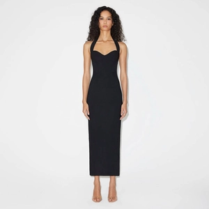 Detailed back view of a black halter neck slim fit dress with an elegant waist tie