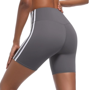 Detailed back view of high-waisted grey yoga shorts with sporty white side stripes