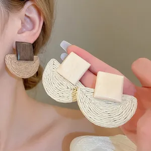 Bohemian Wood Raffia Drop Earrings Geometric Square Semicircle Braided Vacation Jewelry For Women With Silver Earring Post