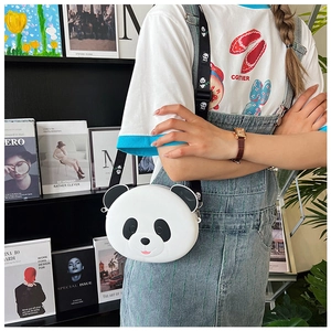 Detail of cute panda silicone crossbody bag with adjustable printed wide shoulder strap