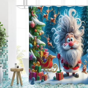 Tenda da doccia natalizia con Babbo Natale e renne per l'arredo del bagno
