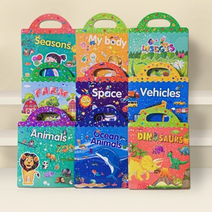 Set of nine diverse educational sticker books for kids with convenient carrying handles