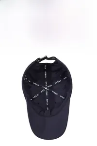 Detail view of the breathable inner lining and adjustable drawstring of the navy blue sun cap