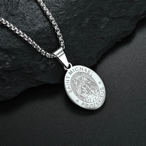 Silver stainless steel Saint Michael pendant necklace with protect us engraving
