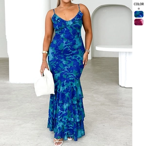 Women Sexy Spaghetti Strap Maxi Dress Polyester V Neck Ruffle Tiered Mermaid Hem Slim Fit Floral Tie Dye