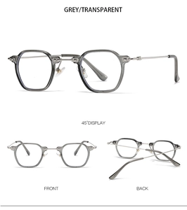 Detailed multi-angle views of grey transparent small frame sunglasses with metal temples
