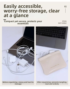 Before and after comparison of cream PU leather cable pouch showing neat organization