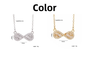 Detail view of infinity pendant necklace with cubic zirconia dimensions and length specs