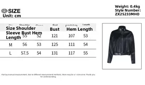 Size chart for women's faux leather jacket with measurements for S, M, and L sizes