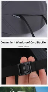Detalle del sombrero de sol con cordón ajustable cortavientos y cremallera trasera oculta