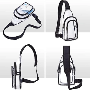 Transparent PVC shoulder bag with black straps shown from four different professional angles