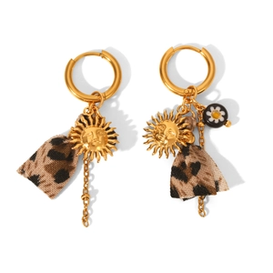 Golden sun face earrings with leopard print bow and fine chain fringe detail