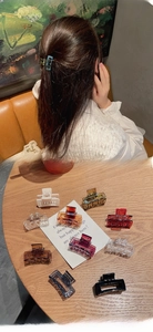 Dettaglio di varie pinze per capelli rettangolari colorate su base in legno