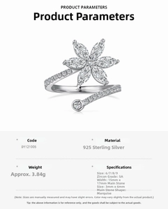 Detailed specs of the 925 sterling silver ring with 5A marquise zircon flower